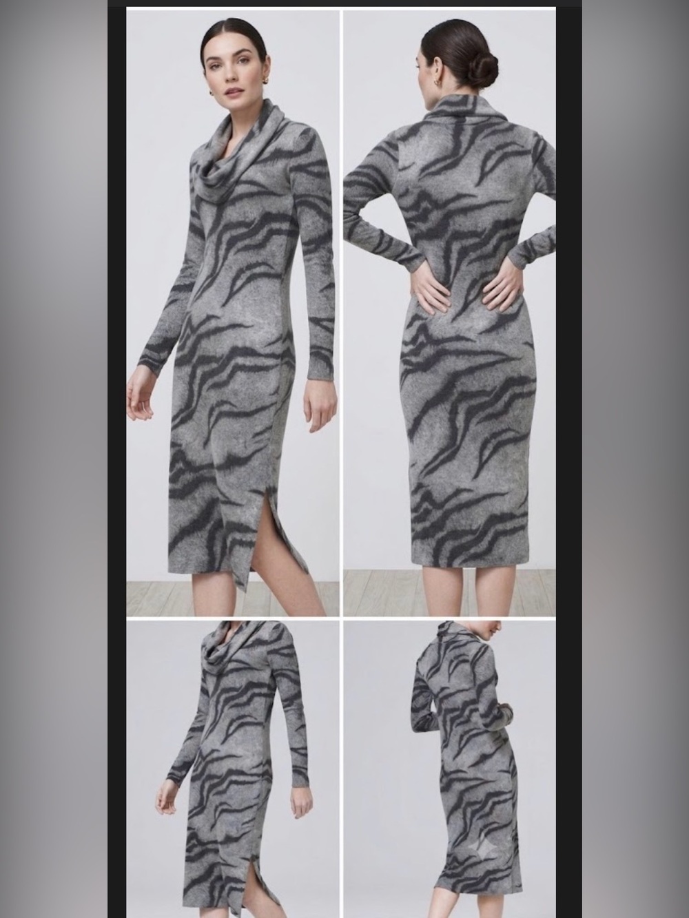 Grey Zebra Tiger Print Cowl Neck Sweater Dress